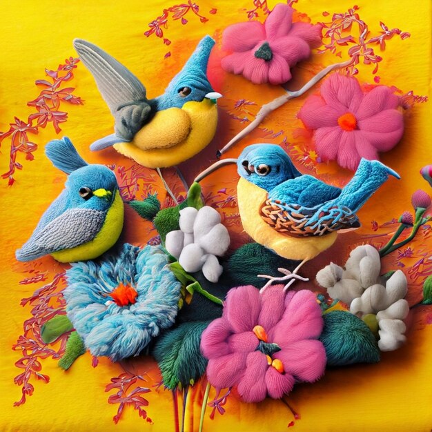 Woollen colorfull birds and flowres