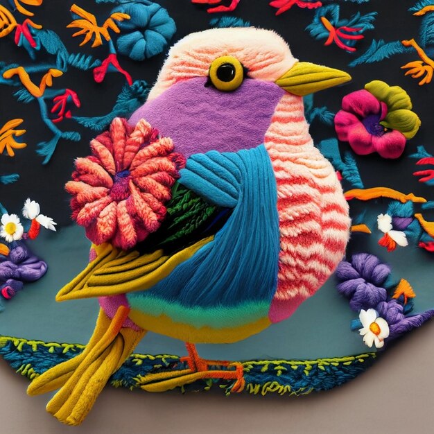 Photo woollen colorfull birds and flowres