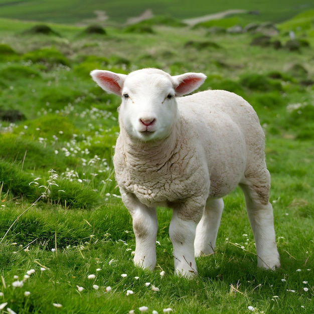 Woolly lamb enjoying lush green meadow in pastoral setting For Social Media Post Size