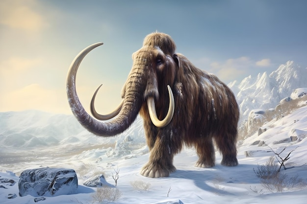 A woolly mammoth stands in the snow.