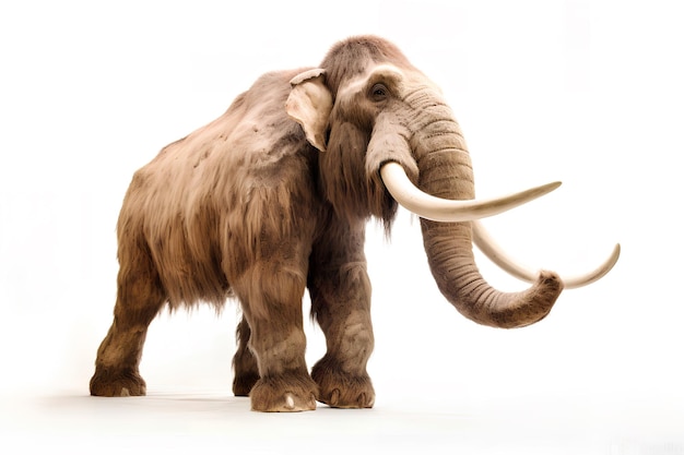 A woolly mammoth with long tusks and long tusks stands in front of a white background.