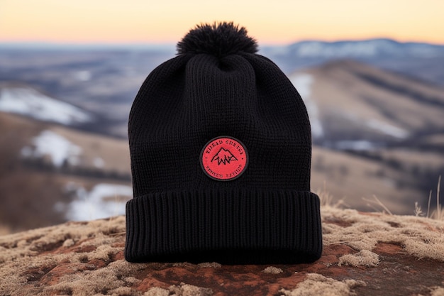 Wooly Hat Mockup with Snowy Landscape