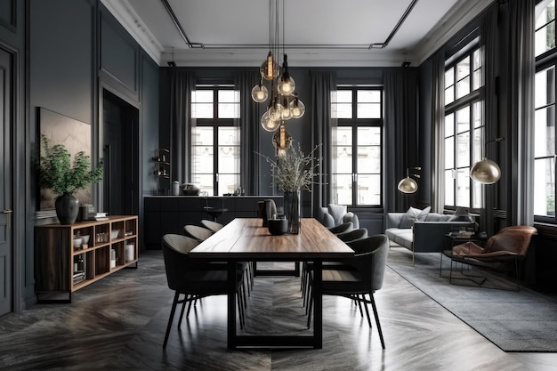 Woon- en eetkamer interieur in een eigentijdse klassieke stijl met ingebouwde grijze meubels, zwart marmer en zwarte stalen textuur