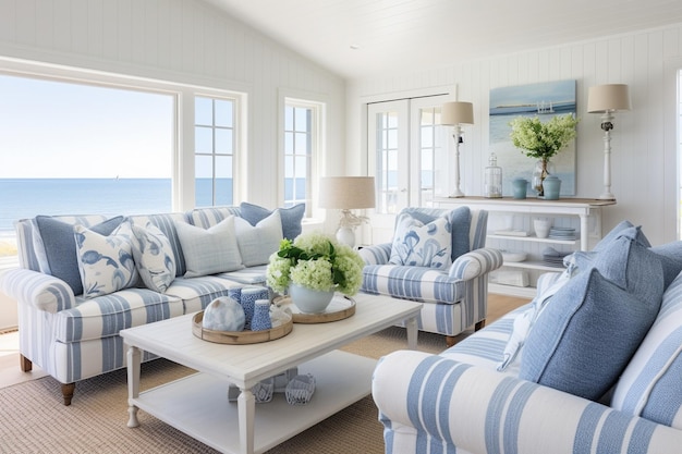 Woonkamer aan een strandhuis aan de kust met een luchtig nautisch thema en kustdecor