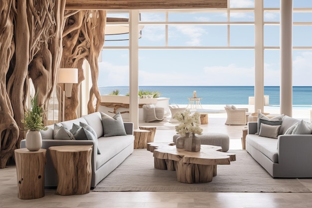 Woonkamer aan een strandhuis aan de kust met een luchtig nautisch thema en kustdecor