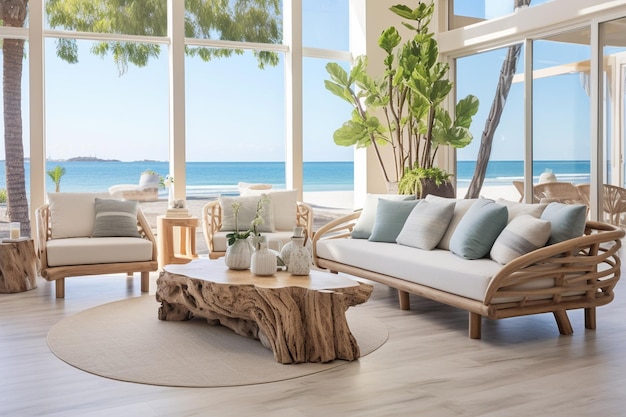 Woonkamer aan een strandhuis aan de kust met een luchtig nautisch thema en kustdecor