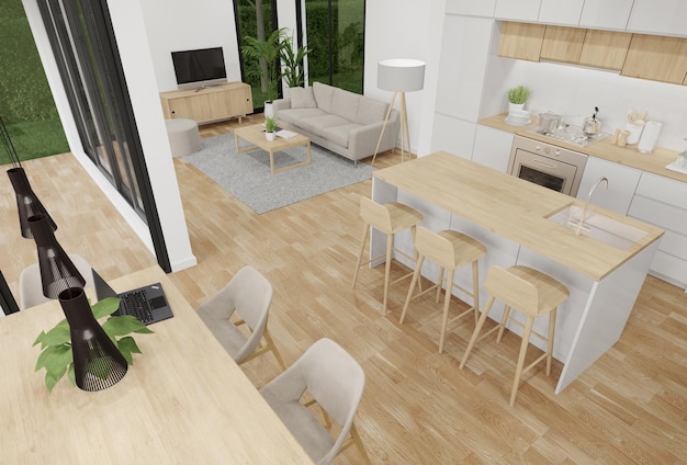 Woonkamer en eetkamer met keuken bovenaanzicht 3D-weergave van woonhuis interieur