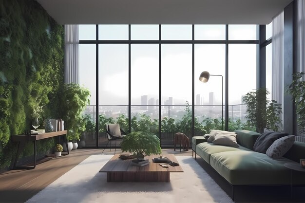 woonkamer groen concept elegant met groot raam Gegenereerde ai