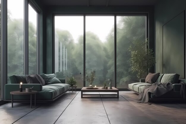 woonkamer groen concept elegant met groot raam Gegenereerde ai