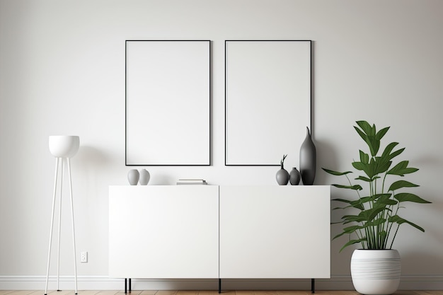 Woonkamer illustratie met twee blanco doeken Profiel wit dressoir eenvoudige decoratie