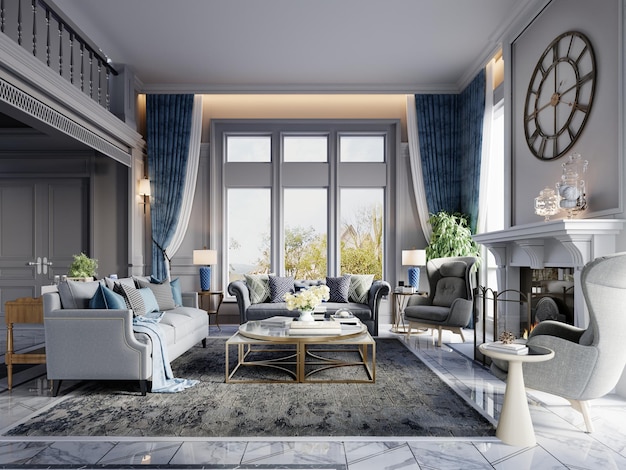 Woonkamer in een klassieke stijl met klassieke gestoffeerde meubels in het interieur in wit en blauw 3D-rendering