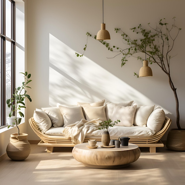 Woonkamer in minimalistische Scandinavische stijl met een wit bankontwerp gecombineerd met een houten vloer
