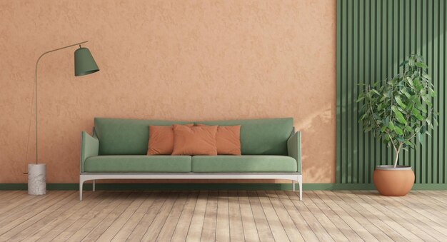 Foto woonkamer in trend perzik fuzz kleur jaar 2024 en groene bank