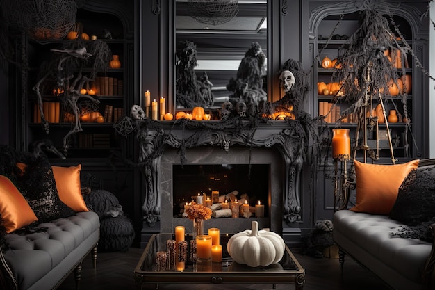 Woonkamer ingericht voor Halloween Creatief modern design interieur Generatieve AI