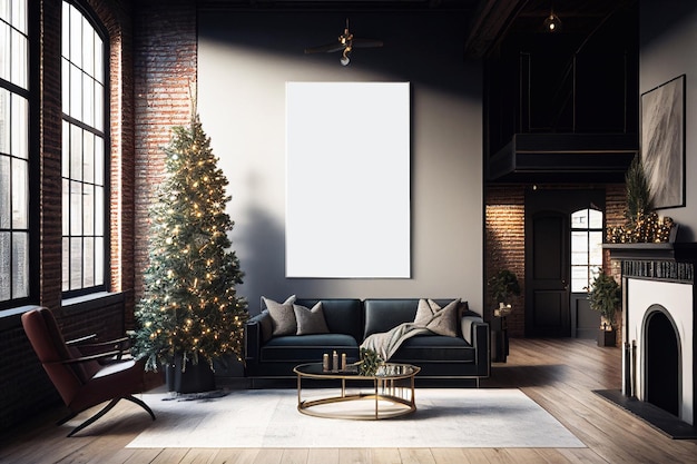 Woonkamer ingericht voor Kerstmis en Nieuwjaar Horizontale banner Pine Tree, open haard en slingers vakantie Home interieur vlakke afbeelding.