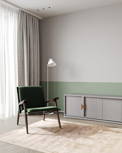 Woonkamer interieur achtergrond met groene fauteuil en houten meubels scandi boho stijl lege muur mock up 3D-rendering