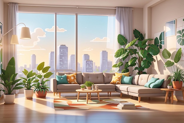 Woonkamer interieur compositie met binnen zicht op modern appartement met muurschilderingen en potplanten vectorillustratie