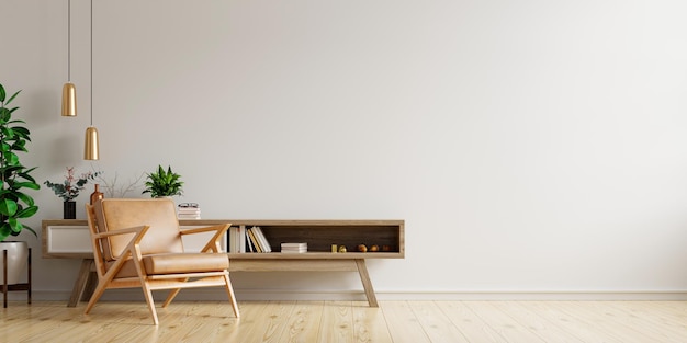 Woonkamer interieur hebben kast voor tv en lederen fauteuil in witte kamer.3D-rendering