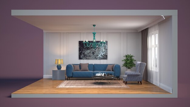 Woonkamer interieur illustratie in een doos