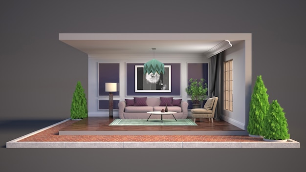 Woonkamer interieur illustratie in een doos