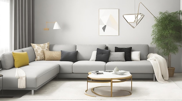 Woonkamer interieur in moderne stijl met sofa en decoraties