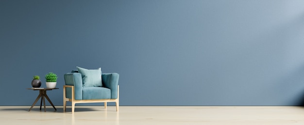 Woonkamer interieur met blauw fluwelen fauteuil en kast.