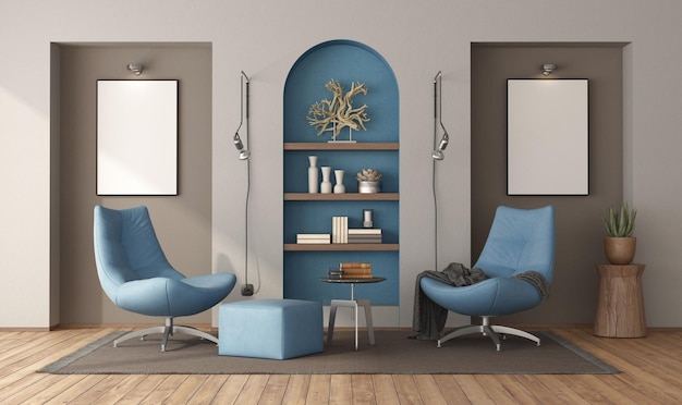 Woonkamer interieur met fauteuils niche en poster mock up