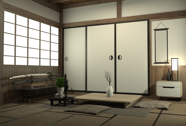 Woonkamer interieur met kast in plankenwand ontwerp en decoratie japan stijl.