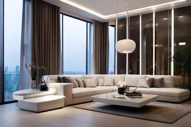 woonkamer interieur met meubels en open haard Vector illustratie van gezellig licht huis met grote ramen