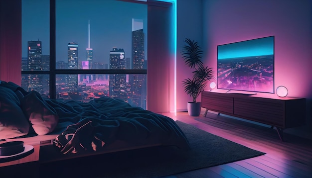Woonkamer interieur met panoramisch raam 's nachts donker appartement neon stadszicht AI gegenereerd