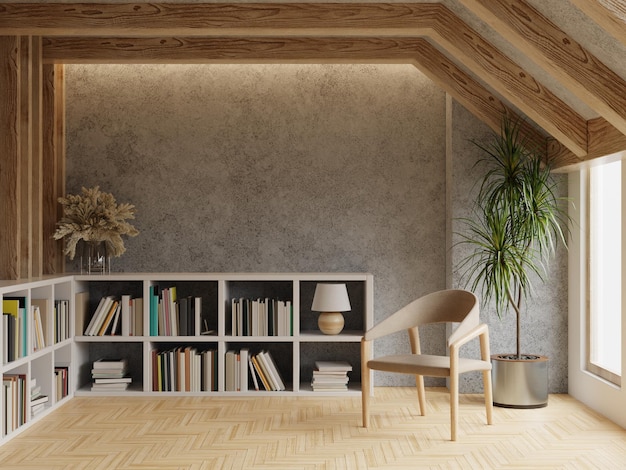 Woonkamer interieur met stoel in de bibliotheekkamer