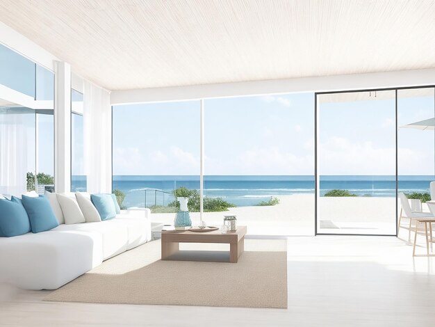 Woonkamer interieur met zeezicht in modern strandhuis 3D-rendering