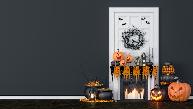 Woonkamer interieur versierd met lantaarns en Halloween pompoenen