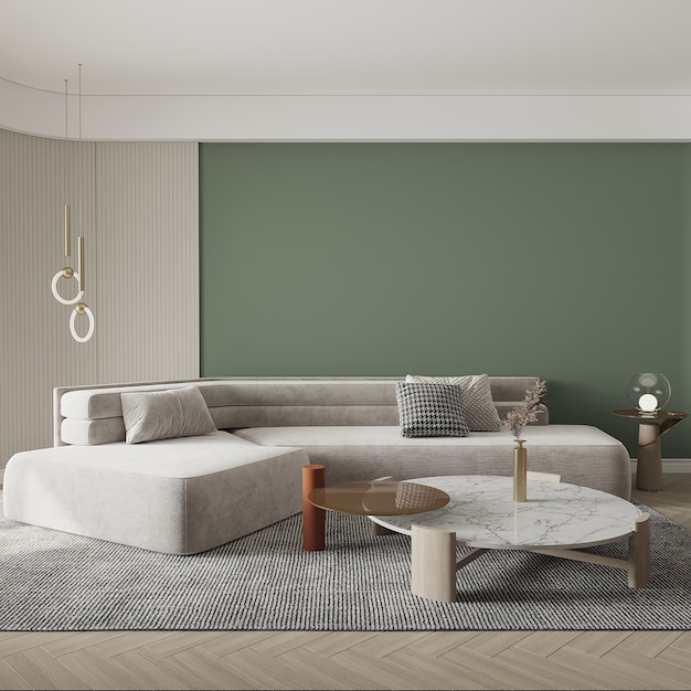 Woonkamer interieur voorkant van de groene muur 3d render