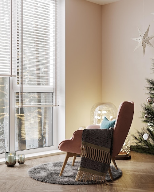 Woonkamer Kerstinterieur in Scandinavische stijl Kerstboom met sterren en lichten Roze stoel aan de muur Mockup