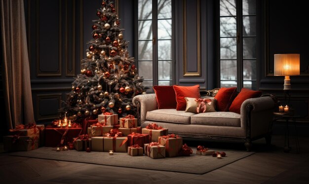 woonkamer kerstversieringen meubels kerstboom versiering luxe tapijt open haard