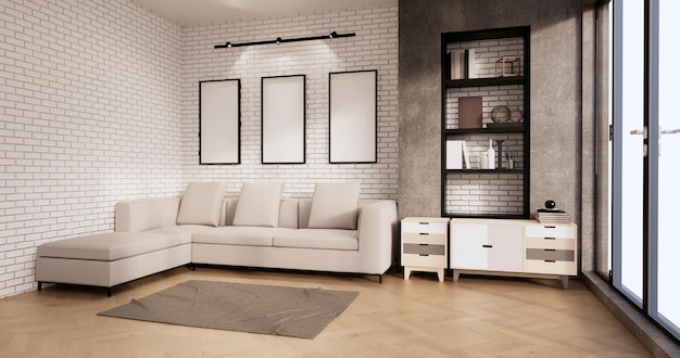 Woonkamer loft interieur met sofa en muurpatroon baksteen in witte muur 3D-rendering