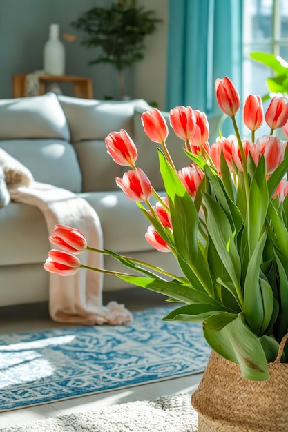 Woonkamer met bank en tulpen.