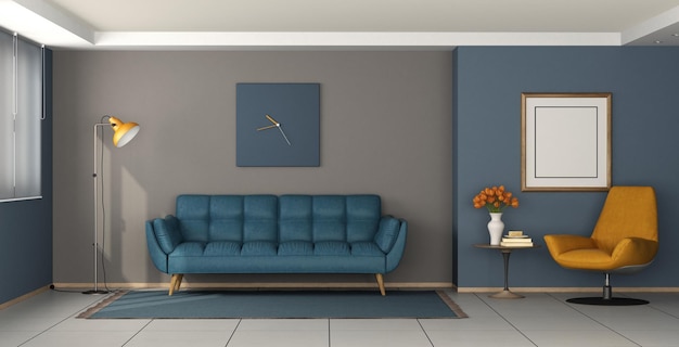 Woonkamer met blauwe bank oranje fauteuil vloerlamp en salontafel 3D-rendering