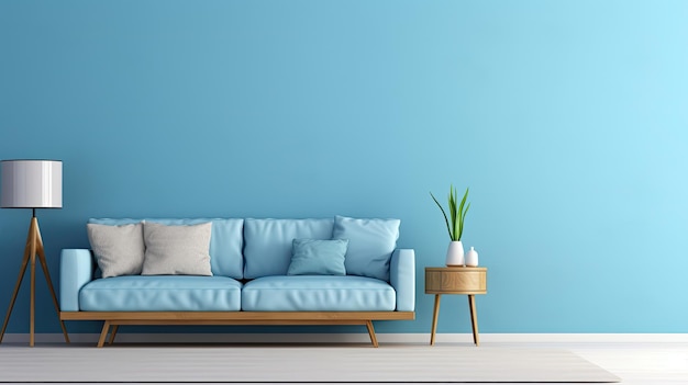 Woonkamer met blauwe muren en meubels Ontspannende en moderne ruimte