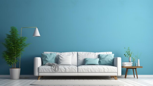 Foto woonkamer met blauwe muren en witte bank in de stijl van lichte cyan minimalistische achtergronden