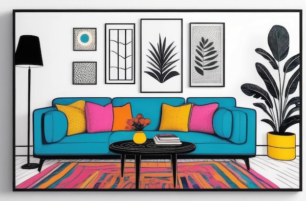 Foto woonkamer met decoratie ultra minimale interieur stijl kleurrijke illustratie zwart-wit grafiek