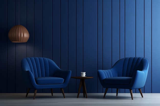 Woonkamer met donkerblauwe fauteuils en blauwe muren