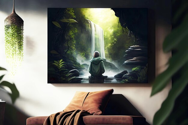 Foto woonkamer met een grote natuurfoto aan de muur generatief ai-ontwerpconcept