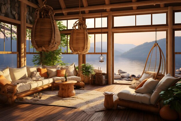Woonkamer met een schommelstoel en een raam met uitzicht op de zee ai genereren