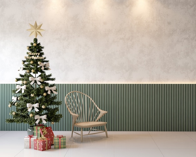 Woonkamer met groene lattenbodem Kerstboomgeschenken en stoel 3D-rendering