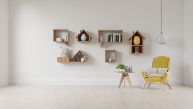 Woonkamer met houten tafel, lampen en gele fauteuil.