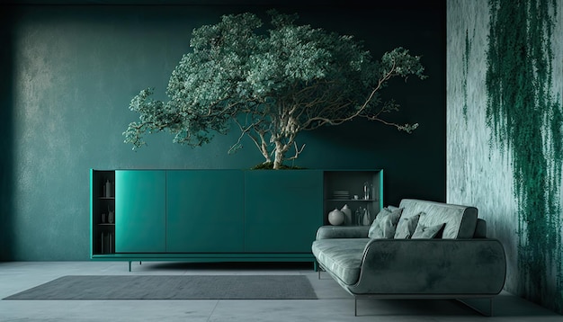 Woonkamer met kast moderne kamer beton groene kleur muur achtergrond veel boom in de kamer