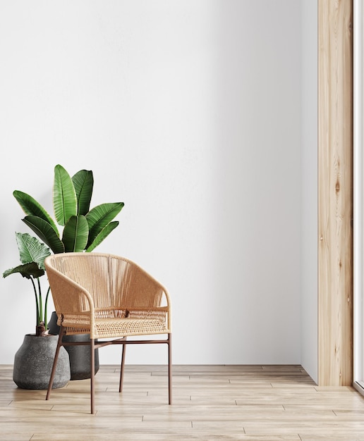 Foto woonkamer met rattan wicker stoel witte muur en plant mockup interieurontwerp 3d rendering