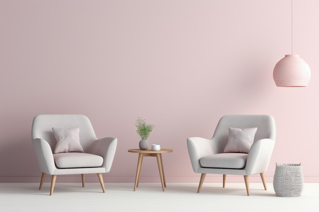 Woonkamer met roze fauteuils